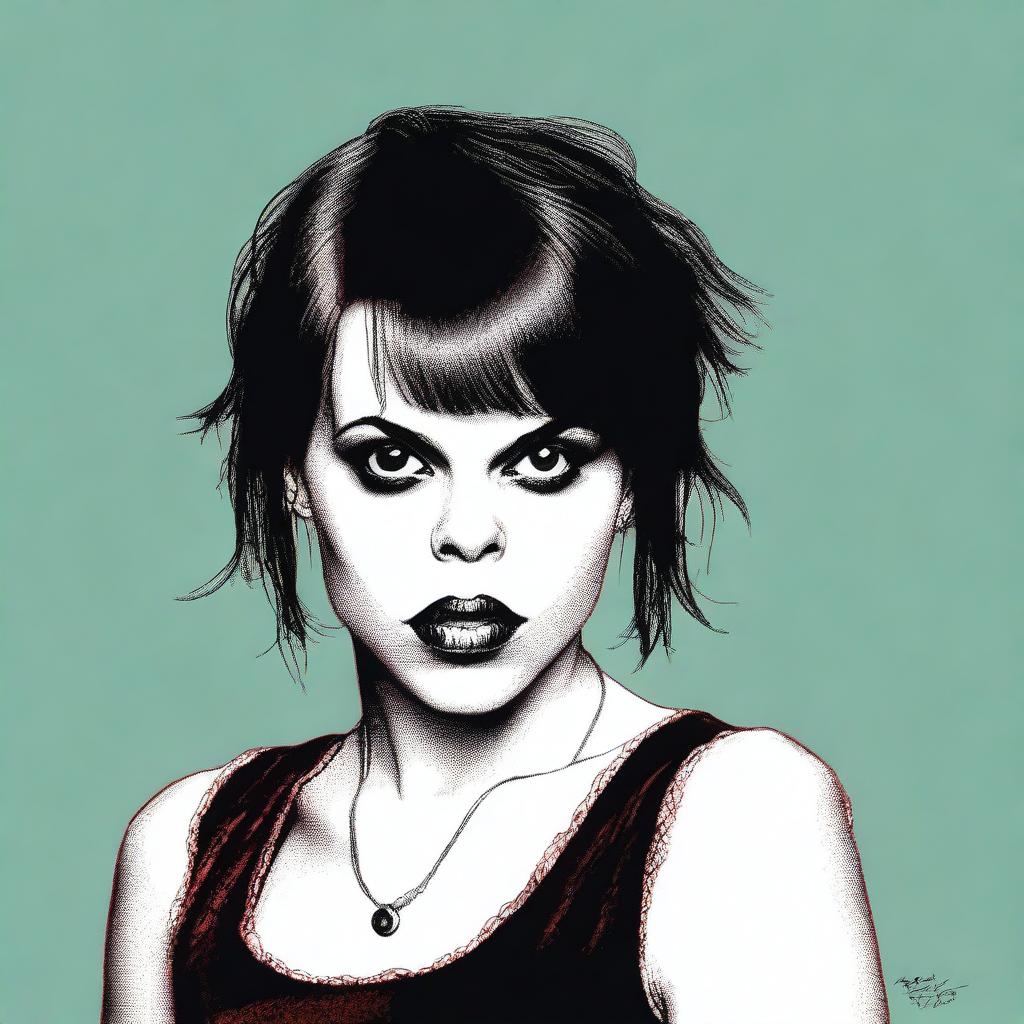 This is a high-quality digital art image that portrays a woman with a striking resemblance to actress Fairuza Balk