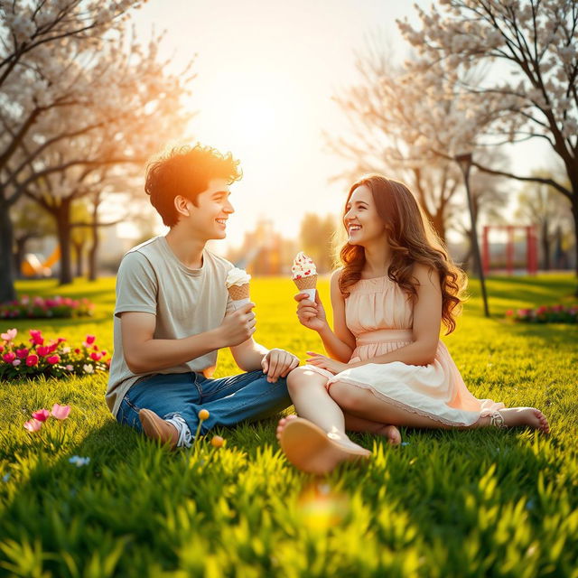 A tender and heartwarming scene depicting a budding romance between two teenagers in a vibrant park during springtime