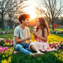 A tender and heartwarming scene depicting a budding romance between two teenagers in a vibrant park during springtime