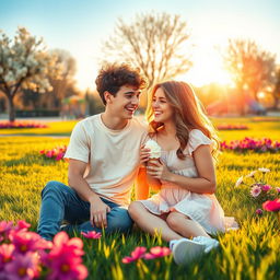 A tender and heartwarming scene depicting a budding romance between two teenagers in a vibrant park during springtime
