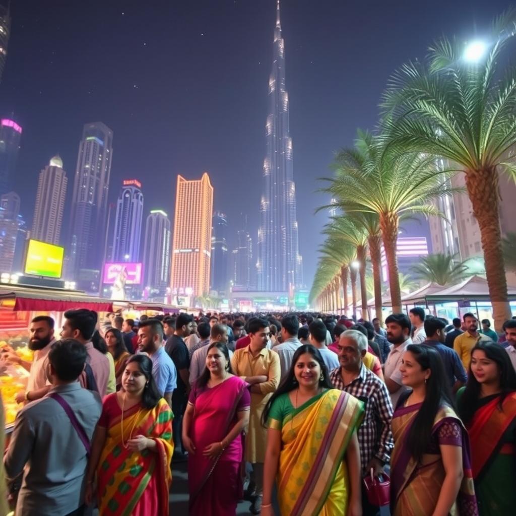A vibrant night scene in Dubai showcasing the lively atmosphere filled with a diverse group of Indian people enjoying the night