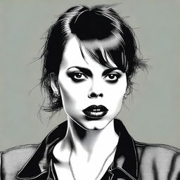 This is a high-quality digital art image that portrays a woman with a striking resemblance to actress Fairuza Balk