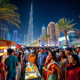 A vibrant night scene in Dubai showcasing the lively atmosphere filled with a diverse group of Indian people enjoying the night