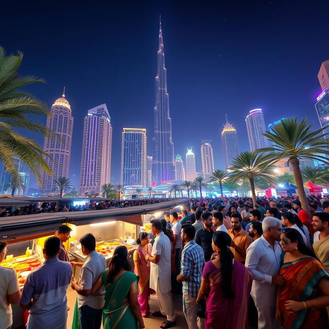 A vibrant night scene in Dubai showcasing the lively atmosphere filled with a diverse group of Indian people enjoying the night