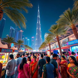 A vibrant night scene in Dubai showcasing the lively atmosphere filled with a diverse group of Indian people enjoying the night