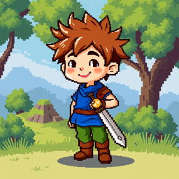 A young boy character in vintage pixel art style, reminiscent of classic RPG games
