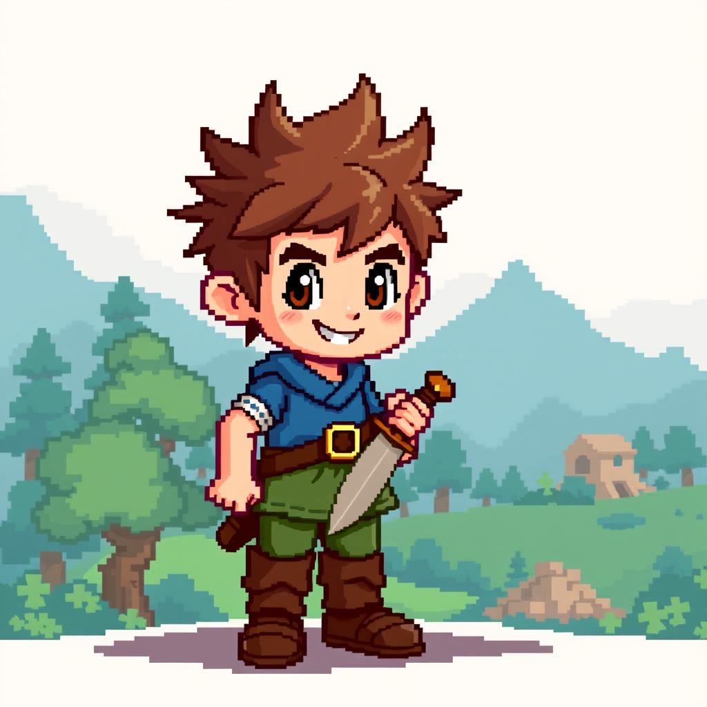 A young boy character in vintage pixel art style, reminiscent of classic RPG games