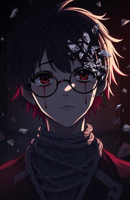 An anime character with round rimless glasses, crying tears of blood, with a haunting expression