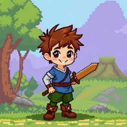 A young boy character in vintage pixel art style, reminiscent of classic RPG games