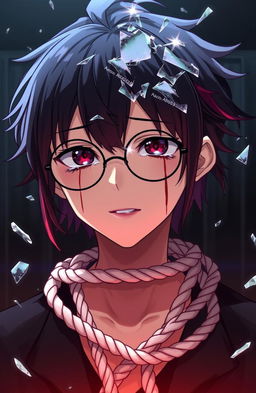 An anime character with round rimless glasses, crying tears of blood, with a haunting expression