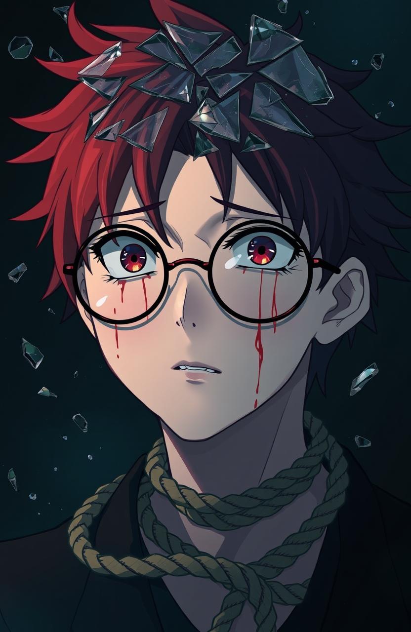 An anime character with round rimless glasses, crying tears of blood, with a haunting expression