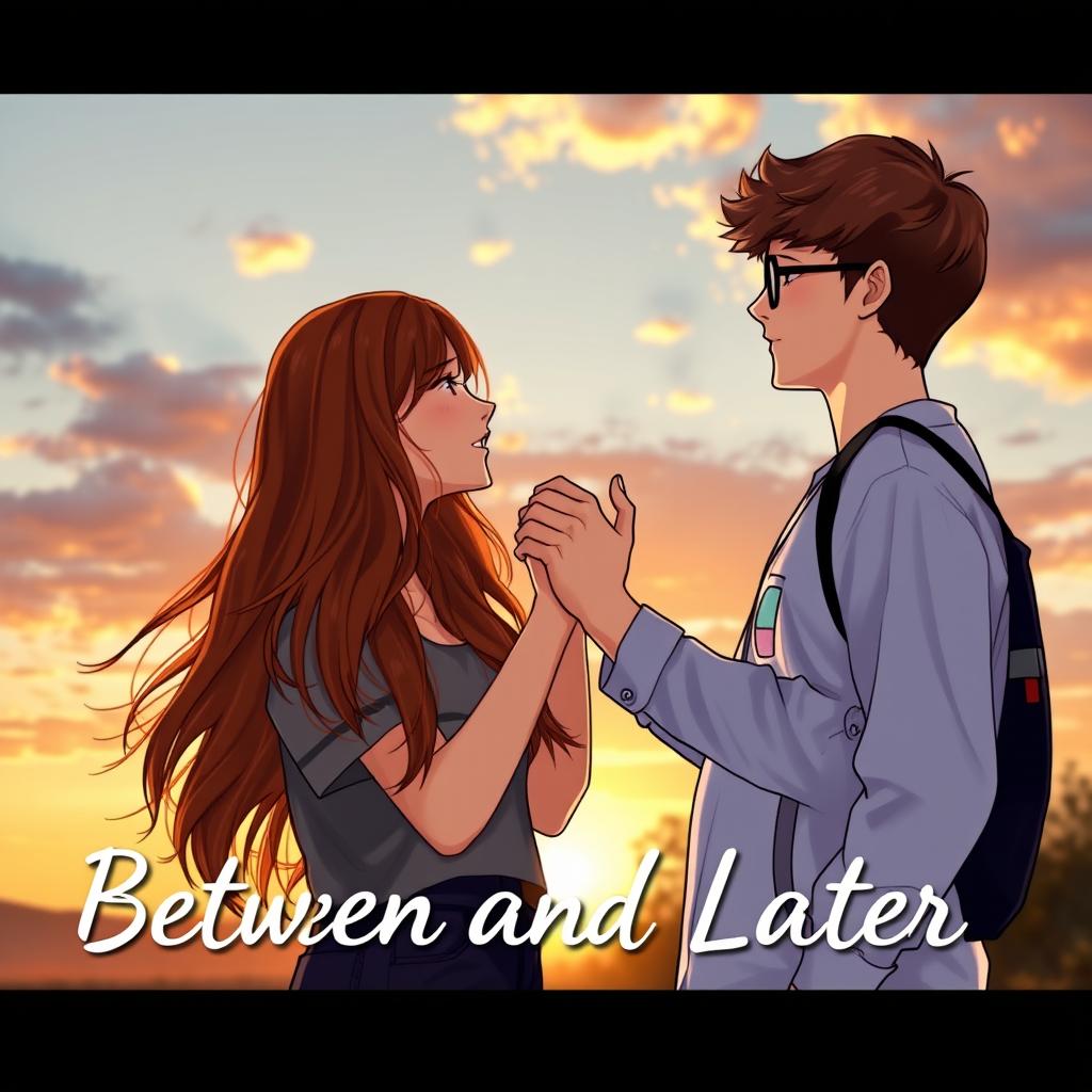 A romantic scene featuring two teenagers sharing a heartfelt moment together, surrounded by a dreamy landscape that captures the essence of youthful love