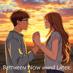 A romantic scene featuring two teenagers sharing a heartfelt moment together, surrounded by a dreamy landscape that captures the essence of youthful love