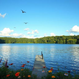 A serene landscape featuring a tranquil lake surrounded by lush green trees, with gentle ripples reflecting the calm blue sky, fluffy white clouds drifting overhead