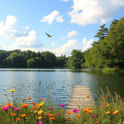 A serene landscape featuring a tranquil lake surrounded by lush green trees, with gentle ripples reflecting the calm blue sky, fluffy white clouds drifting overhead