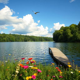A serene landscape featuring a tranquil lake surrounded by lush green trees, with gentle ripples reflecting the calm blue sky, fluffy white clouds drifting overhead