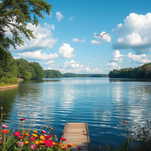 A serene landscape featuring a tranquil lake surrounded by lush green trees, with gentle ripples reflecting the calm blue sky, fluffy white clouds drifting overhead