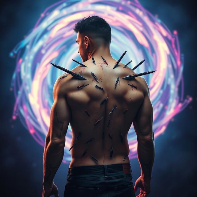 A man with a muscular build, his back covered in gruesome knife stabs and sharp objects, standing in a dramatic pose facing backwards, with intricate details of the wounds and blades protruding from his skin