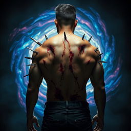 A man with a muscular build, his back covered in gruesome knife stabs and sharp objects, standing in a dramatic pose facing backwards, with intricate details of the wounds and blades protruding from his skin