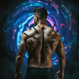 A man with a muscular build, his back covered in gruesome knife stabs and sharp objects, standing in a dramatic pose facing backwards, with intricate details of the wounds and blades protruding from his skin
