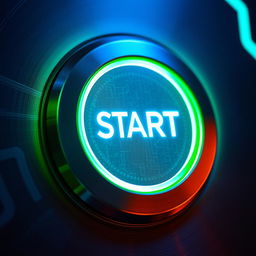 A highly detailed close-up image of a futuristic start button, featuring a sleek, illuminated design with vibrant blue and green neon lights