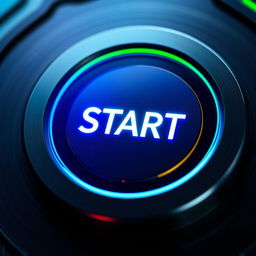 A highly detailed close-up image of a futuristic start button, featuring a sleek, illuminated design with vibrant blue and green neon lights