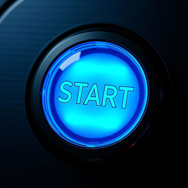 A highly detailed close-up image of a futuristic start button, featuring a sleek, illuminated design with vibrant blue and green neon lights