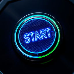 A highly detailed close-up image of a futuristic start button, featuring a sleek, illuminated design with vibrant blue and green neon lights