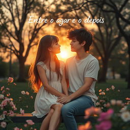 Romantic scene depicting two teenagers in a serene park at sunset, sharing an intimate moment while saying the phrase 'Entre o Agora e o Depois'