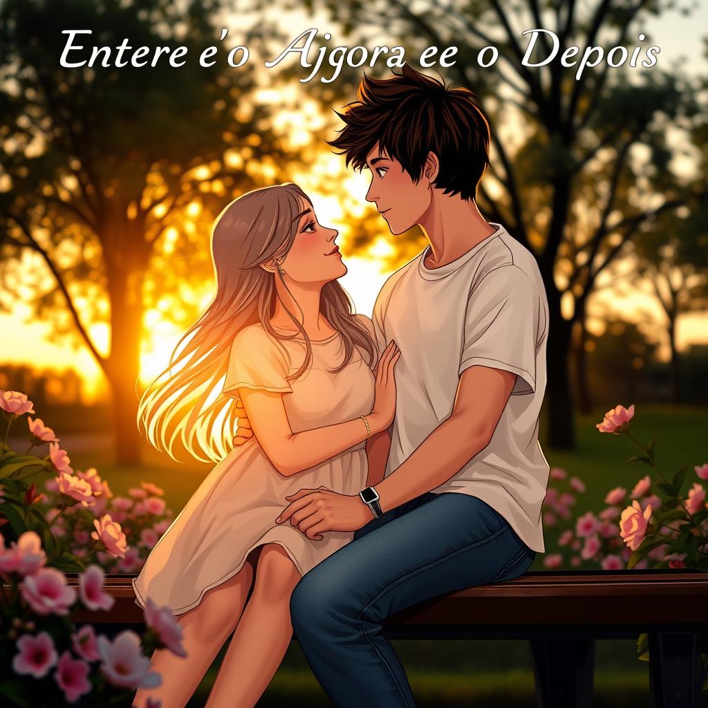 Romantic scene depicting two teenagers in a serene park at sunset, sharing an intimate moment while saying the phrase 'Entre o Agora e o Depois'