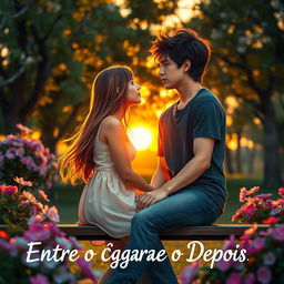 Romantic scene depicting two teenagers in a serene park at sunset, sharing an intimate moment while saying the phrase 'Entre o Agora e o Depois'