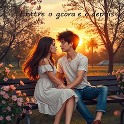 Romantic scene depicting two teenagers in a serene park at sunset, sharing an intimate moment while saying the phrase 'Entre o Agora e o Depois'