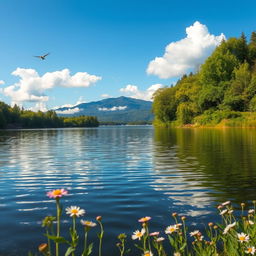 A serene lake surrounded by lush green trees, the water reflecting the clear blue sky dotted with fluffy white clouds