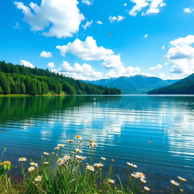 A serene lake surrounded by lush green trees, the water reflecting the clear blue sky dotted with fluffy white clouds