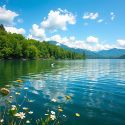 A serene lake surrounded by lush green trees, the water reflecting the clear blue sky dotted with fluffy white clouds
