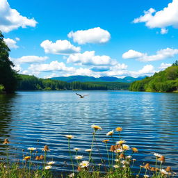 A serene lake surrounded by lush green trees, the water reflecting the clear blue sky dotted with fluffy white clouds