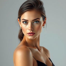 A beautifully retouched portrait of a fashion model with a slimmer physique, showcasing elegant features and striking beauty