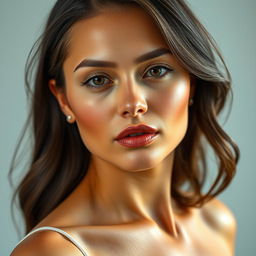 A beautifully retouched portrait of a fashion model with a slimmer physique, showcasing elegant features and striking beauty
