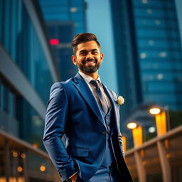 A vibrant, fictional image of a dapper Indian cricketer in a stylish blue suit, reminiscent of the famous sports personality Virat Kohli