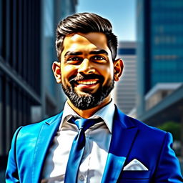 A vibrant, fictional image of a dapper Indian cricketer in a stylish blue suit, reminiscent of the famous sports personality Virat Kohli