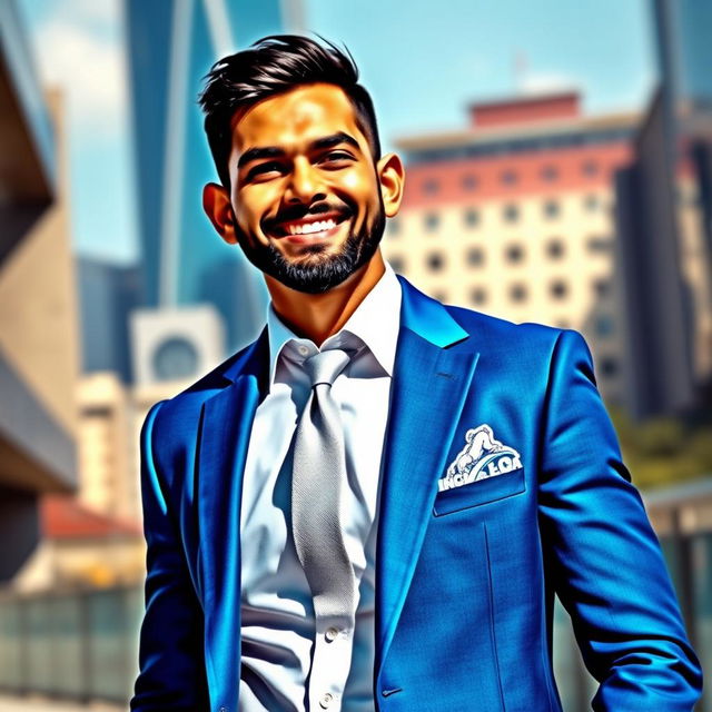 A vibrant, fictional image of a dapper Indian cricketer in a stylish blue suit, reminiscent of the famous sports personality Virat Kohli