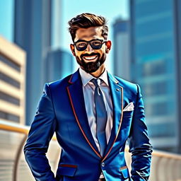 A vibrant, fictional image of a dapper Indian cricketer in a stylish blue suit, reminiscent of the famous sports personality Virat Kohli