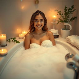 A serene and beautiful setting featuring a young woman named Davina Karamoy enjoying a relaxing bath