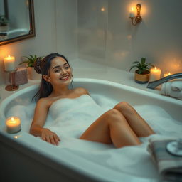 A serene and beautiful setting featuring a young woman named Davina Karamoy enjoying a relaxing bath