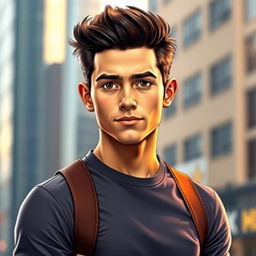 A fictional male character with a captivating presence, combining the lean physique of Tom Holland, standing at a height similar to Noah Centineo, with the facial features of Virat Kohli and Jungkook