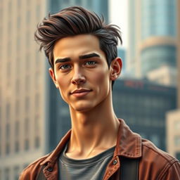 A fictional male character with a captivating presence, combining the lean physique of Tom Holland, standing at a height similar to Noah Centineo, with the facial features of Virat Kohli and Jungkook