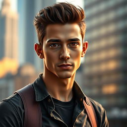 A fictional male character with a captivating presence, combining the lean physique of Tom Holland, standing at a height similar to Noah Centineo, with the facial features of Virat Kohli and Jungkook