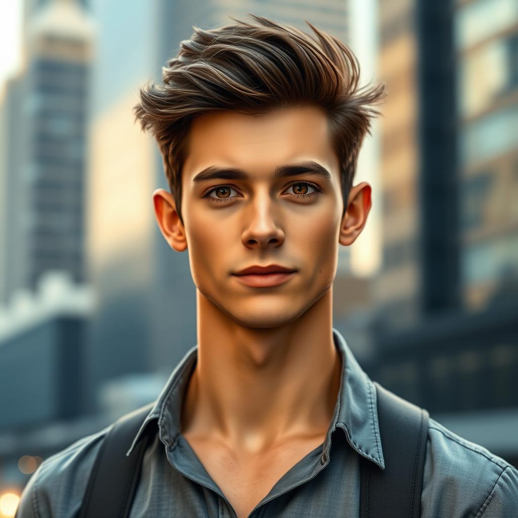 A fictional male character with a captivating presence, combining the lean physique of Tom Holland, standing at a height similar to Noah Centineo, with the facial features of Virat Kohli and Jungkook