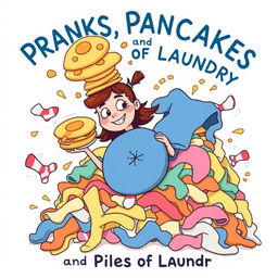 A whimsical, cartoonish illustration for the cover of 'Pranks, Pancakes, and Piles of Laundry'
