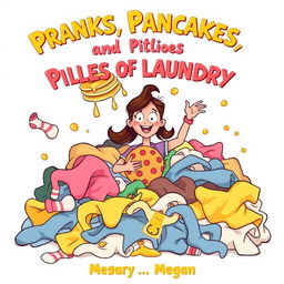 A whimsical, cartoonish illustration for the cover of 'Pranks, Pancakes, and Piles of Laundry'